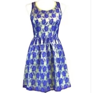 Blue Lace over neon yellow dress by Mac Jack- Juniors size Large